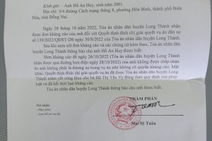 Đồng Nai: TAND huyện Long Thành không chấp nhận đơn kháng cáo con trai nguyên đơn